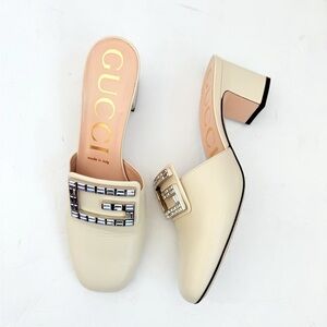 GUCCI Mystic White/ Off-white leather Madelyn Crystal G Mules Block heel  EU 39